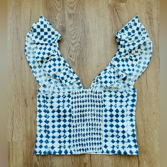 Madewell Blue White Geometric Flutter Sleeve Top Size 6 Cotton - Picture 8 of 10